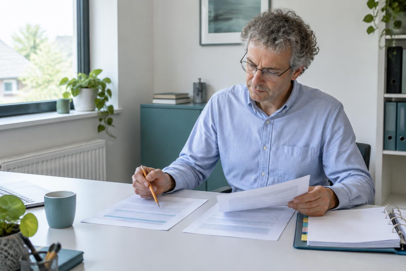 Een man vergelijkt documenten en legt bevindingen vast met een potlood
